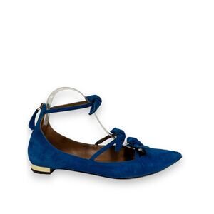 AQUAZZURA Blue Suede Bow Strappy St Tropez Point Toe Flats Size 38 US 8